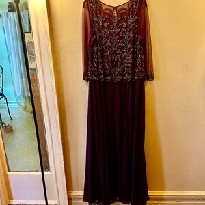 Beaded bodice long burgundy evening gown